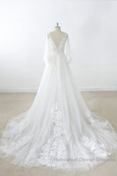 Long A-line V-neck Appliques Lace Tulle Backless Wedding Dresses with Sleeves
